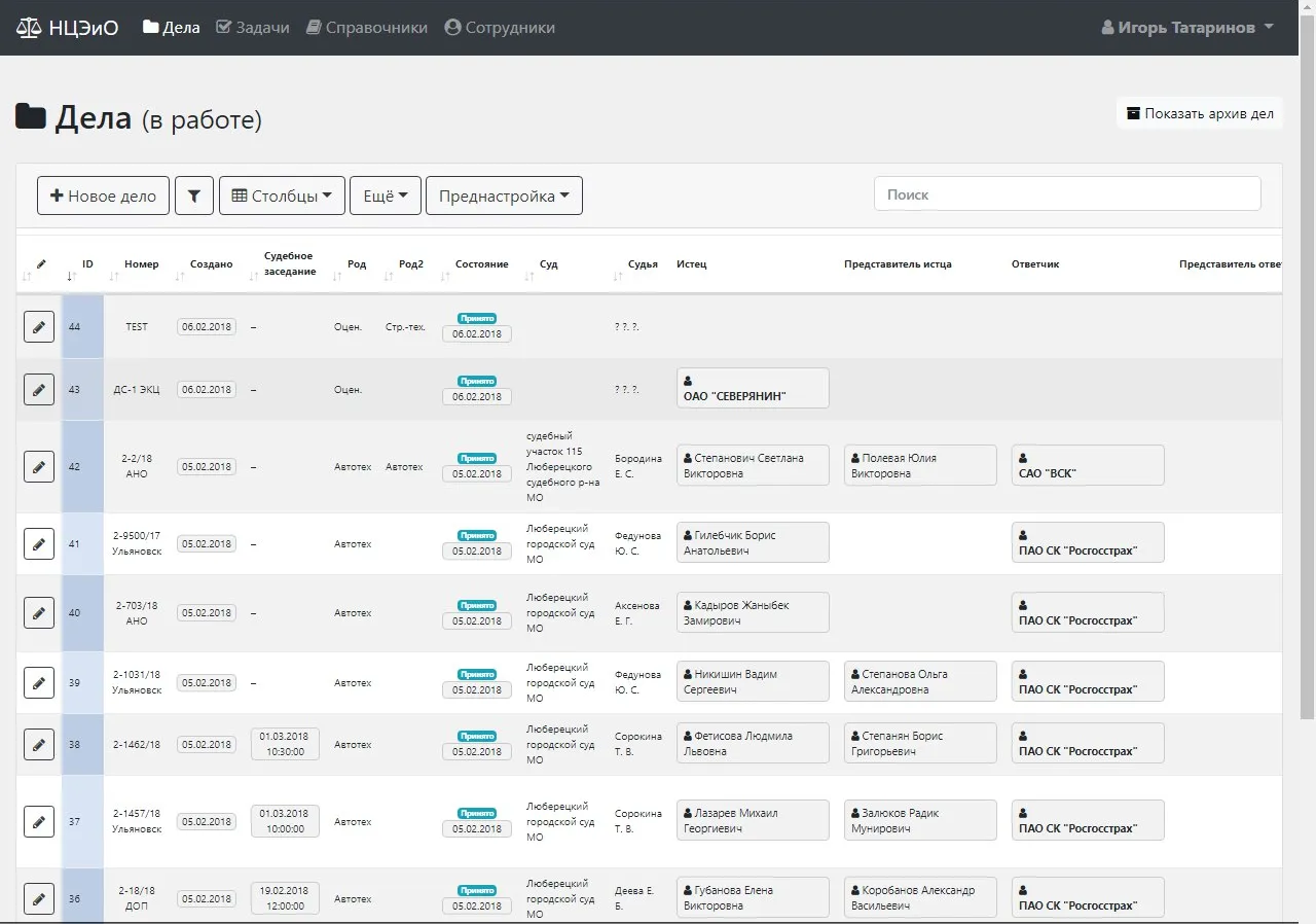 Cases list — active work