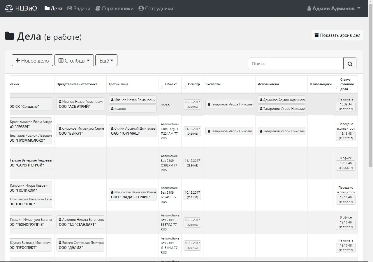 Cases table with filters