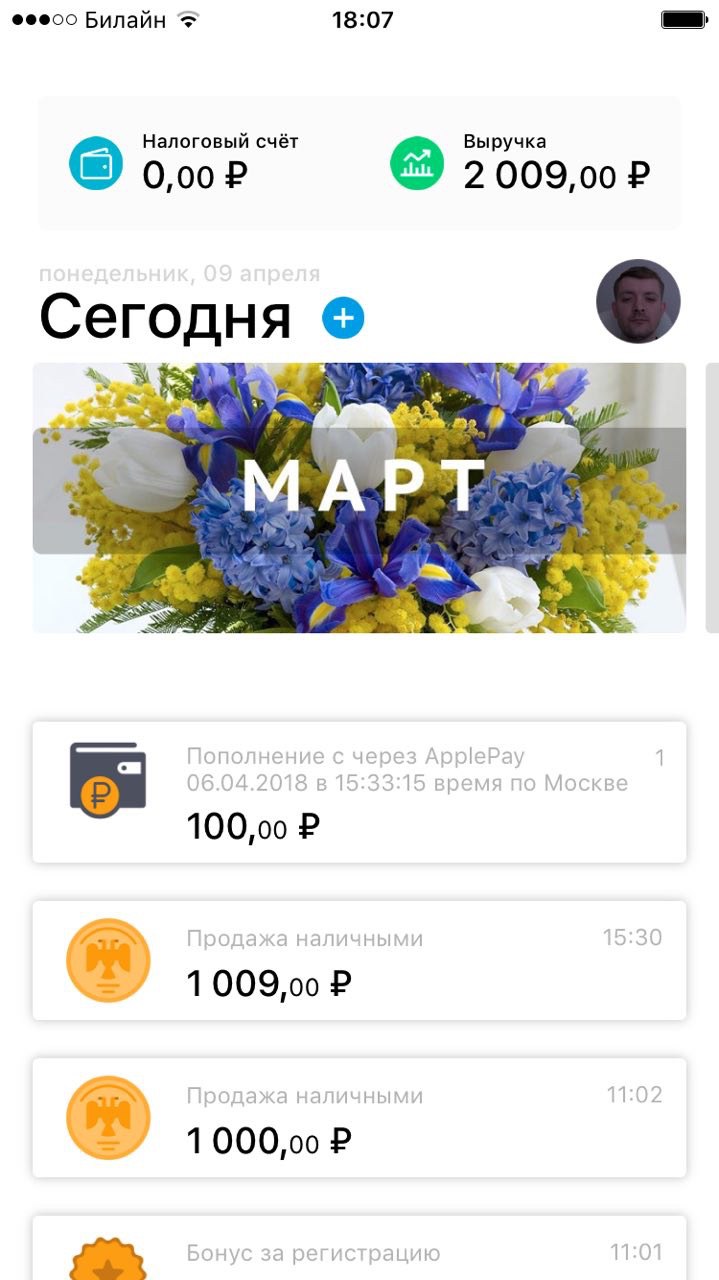 Main screen — tax account, revenue, transaction history