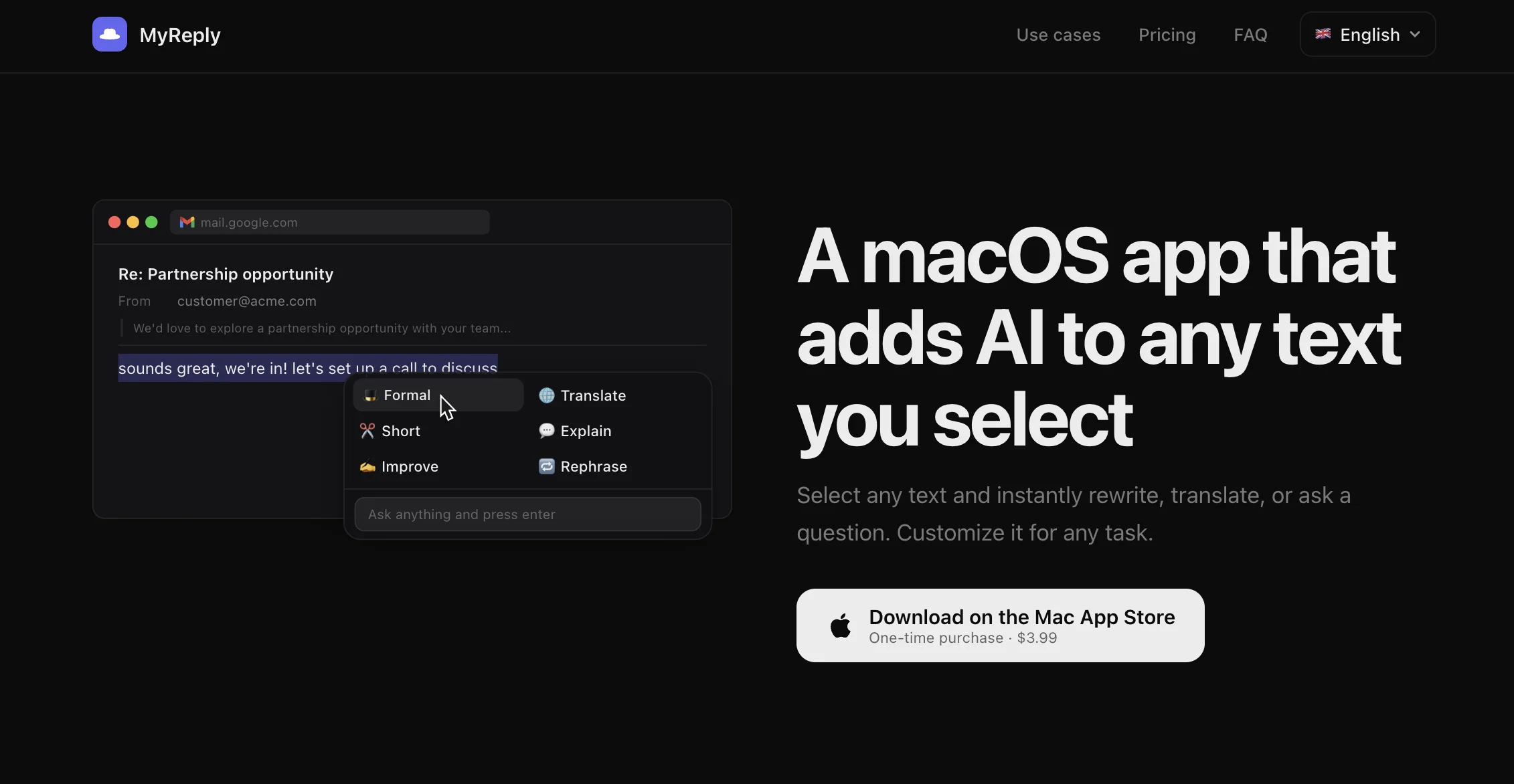 The floating action panel over selected text