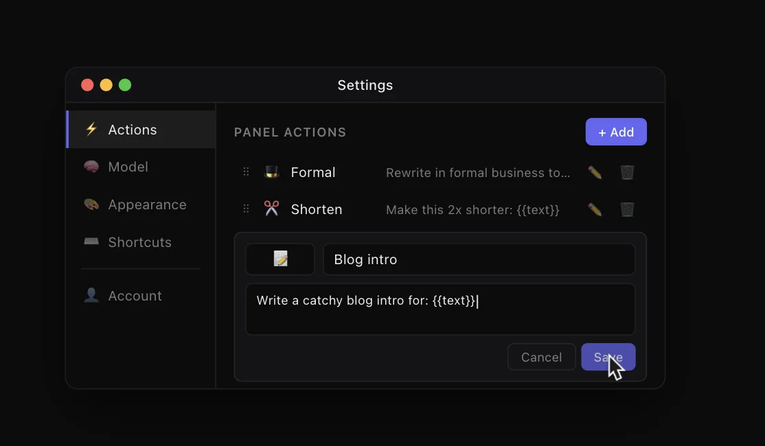 Custom actions editor in Settings