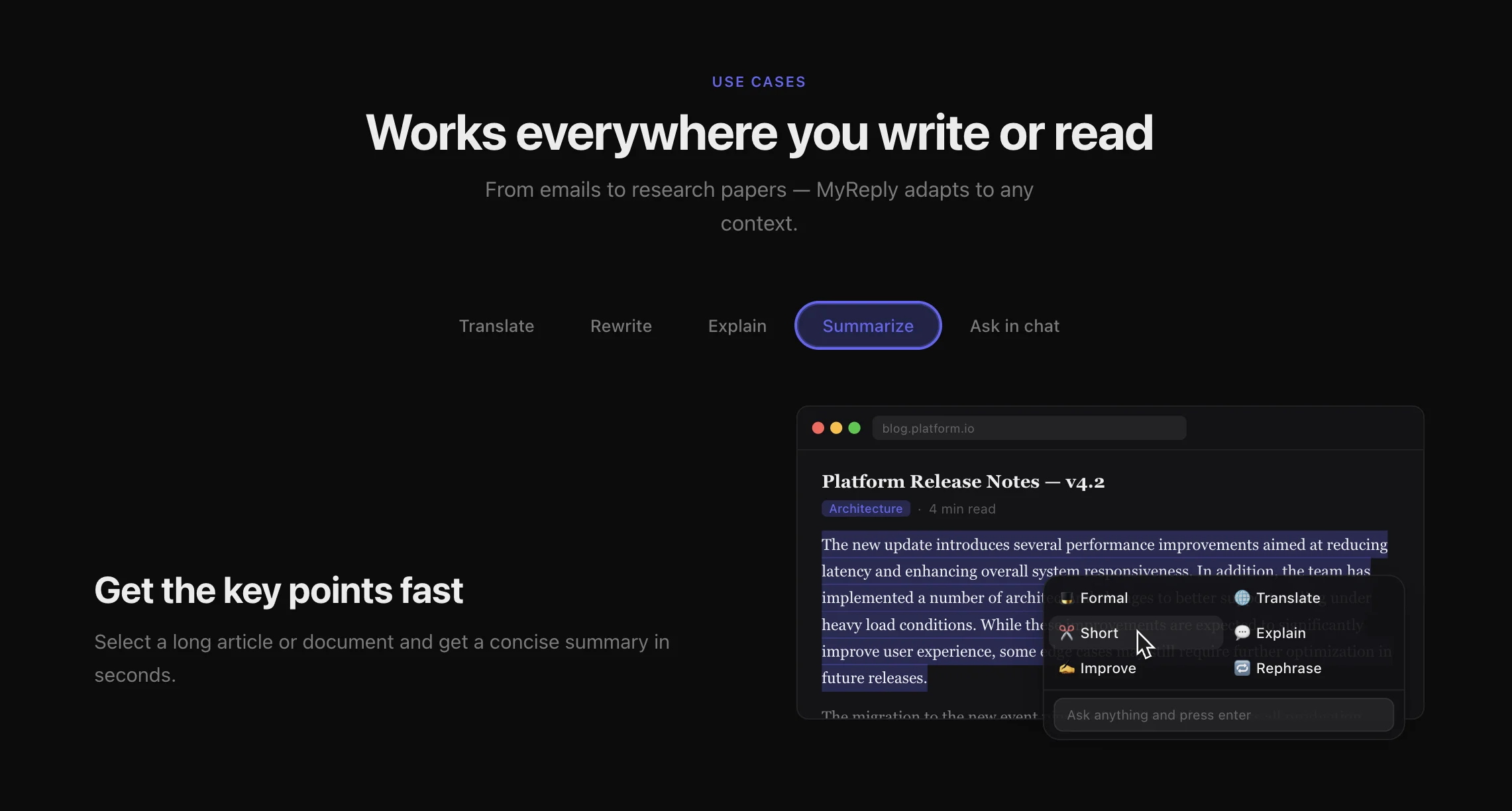 Use cases panel: translate, rewrite, explain, summarize, ask