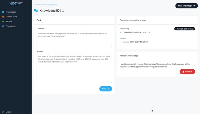 Knowledge detail page with embedding status