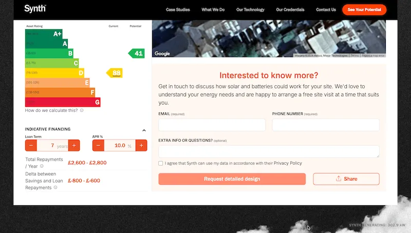 Results page with energy rating and financing calculator