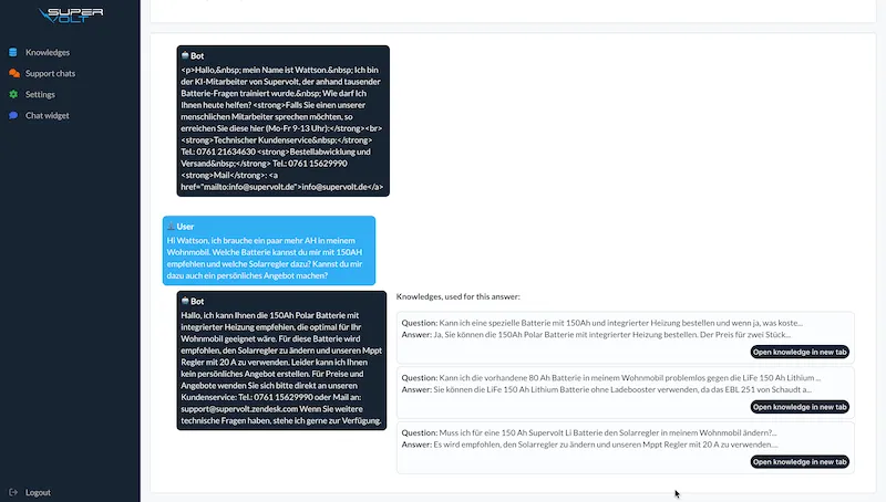 Support chat with RAG-powered responses and source citations