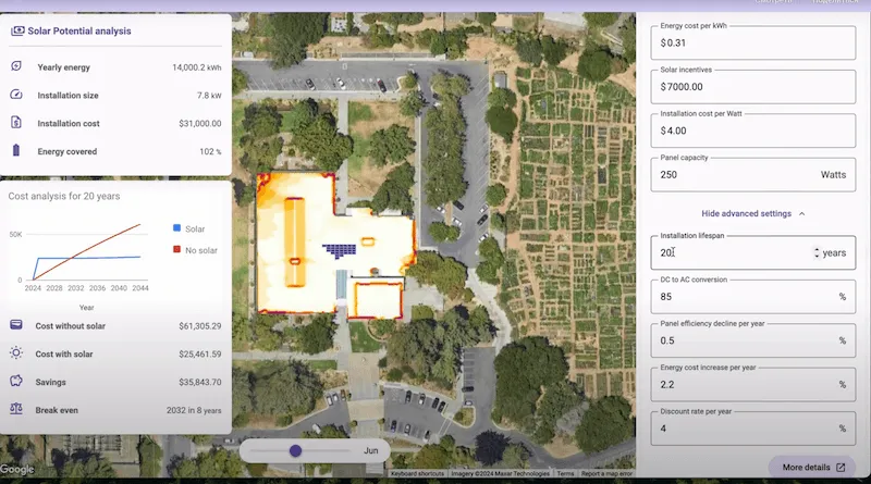 Solar potential analysis with panel layout and cost breakdown